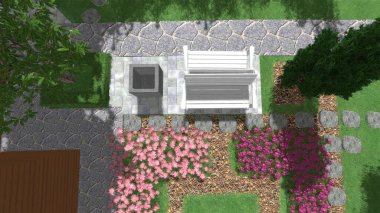 Memleketin peyzaj tasarımının 3 boyutlu görüntüsü. Bölgenin peyzajı. Birleşik peyzaj ve peyzaj çözümlerinin bilgisayar görselleştirmesi.