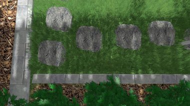 Memleketin peyzaj tasarımının 3 boyutlu görüntüsü. Bölgenin peyzajı. Birleşik peyzaj ve peyzaj çözümlerinin bilgisayar görselleştirmesi.