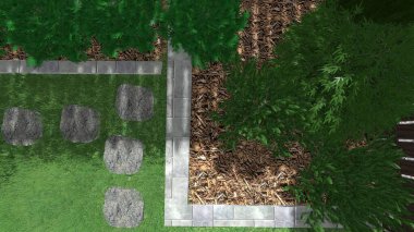 Memleketin peyzaj tasarımının 3 boyutlu görüntüsü. Bölgenin peyzajı. Birleşik peyzaj ve peyzaj çözümlerinin bilgisayar görselleştirmesi.