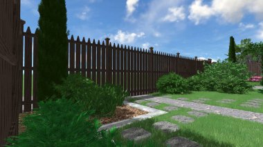 Memleketin peyzaj tasarımının 3 boyutlu görüntüsü. Bölgenin peyzajı. Birleşik peyzaj ve peyzaj çözümlerinin bilgisayar görselleştirmesi.