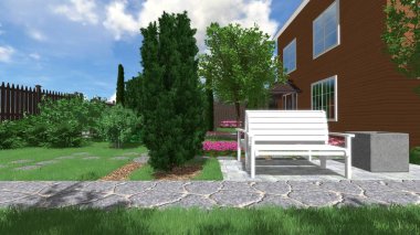 Memleketin peyzaj tasarımının 3 boyutlu görüntüsü. Bölgenin peyzajı. Birleşik peyzaj ve peyzaj çözümlerinin bilgisayar görselleştirmesi.