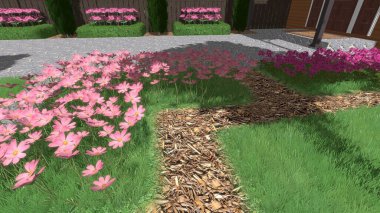 Memleketin peyzaj tasarımının 3 boyutlu görüntüsü. Bölgenin peyzajı. Birleşik peyzaj ve peyzaj çözümlerinin bilgisayar görselleştirmesi.