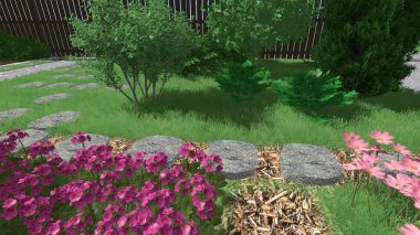 Memleketin peyzaj tasarımının 3 boyutlu görüntüsü. Bölgenin peyzajı. Birleşik peyzaj ve peyzaj çözümlerinin bilgisayar görselleştirmesi.