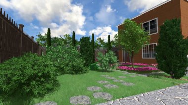 Memleketin peyzaj tasarımının 3 boyutlu görüntüsü. Bölgenin peyzajı. Birleşik peyzaj ve peyzaj çözümlerinin bilgisayar görselleştirmesi.