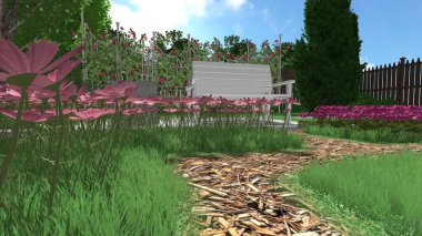 Memleketin peyzaj tasarımının 3 boyutlu görüntüsü. Bölgenin peyzajı. Birleşik peyzaj ve peyzaj çözümlerinin bilgisayar görselleştirmesi.