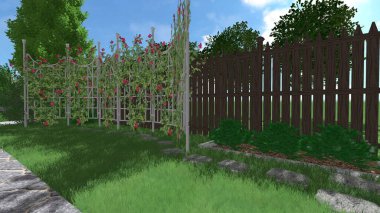 Memleketin peyzaj tasarımının 3 boyutlu görüntüsü. Bölgenin peyzajı. Birleşik peyzaj ve peyzaj çözümlerinin bilgisayar görselleştirmesi.