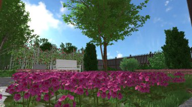 Memleketin peyzaj tasarımının 3 boyutlu görüntüsü. Bölgenin peyzajı. Birleşik peyzaj ve peyzaj çözümlerinin bilgisayar görselleştirmesi.