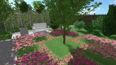 Memleketin peyzaj tasarımının 3 boyutlu görüntüsü. Bölgenin peyzajı. Birleşik peyzaj ve peyzaj çözümlerinin bilgisayar görselleştirmesi.