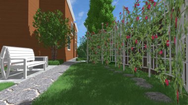 Memleketin peyzaj tasarımının 3 boyutlu görüntüsü. Bölgenin peyzajı. Birleşik peyzaj ve peyzaj çözümlerinin bilgisayar görselleştirmesi.