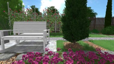 Memleketin peyzaj tasarımının 3 boyutlu görüntüsü. Bölgenin peyzajı. Birleşik peyzaj ve peyzaj çözümlerinin bilgisayar görselleştirmesi.