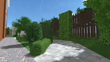 Memleketin peyzaj tasarımının 3 boyutlu görüntüsü. Bölgenin peyzajı. Birleşik peyzaj ve peyzaj çözümlerinin bilgisayar görselleştirmesi.