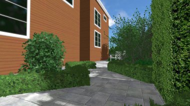 Memleketin peyzaj tasarımının 3 boyutlu görüntüsü. Bölgenin peyzajı. Birleşik peyzaj ve peyzaj çözümlerinin bilgisayar görselleştirmesi.