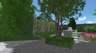 Memleketin peyzaj tasarımının 3 boyutlu görüntüsü. Bölgenin peyzajı. Birleşik peyzaj ve peyzaj çözümlerinin bilgisayar görselleştirmesi.