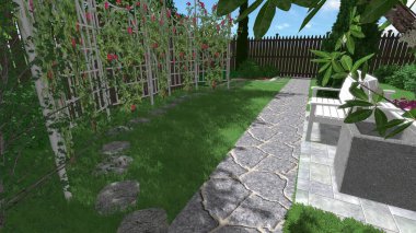 Memleketin peyzaj tasarımının 3 boyutlu görüntüsü. Bölgenin peyzajı. Birleşik peyzaj ve peyzaj çözümlerinin bilgisayar görselleştirmesi.