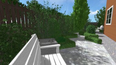 Memleketin peyzaj tasarımının 3 boyutlu görüntüsü. Bölgenin peyzajı. Birleşik peyzaj ve peyzaj çözümlerinin bilgisayar görselleştirmesi.