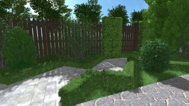 Memleketin peyzaj tasarımının 3 boyutlu görüntüsü. Bölgenin peyzajı. Birleşik peyzaj ve peyzaj çözümlerinin bilgisayar görselleştirmesi.