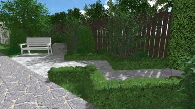 Memleketin peyzaj tasarımının 3 boyutlu görüntüsü. Bölgenin peyzajı. Birleşik peyzaj ve peyzaj çözümlerinin bilgisayar görselleştirmesi.