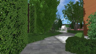 Memleketin peyzaj tasarımının 3 boyutlu görüntüsü. Bölgenin peyzajı. Birleşik peyzaj ve peyzaj çözümlerinin bilgisayar görselleştirmesi.