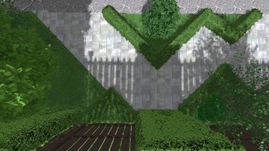 Memleketin peyzaj tasarımının 3 boyutlu görüntüsü. Bölgenin peyzajı. Birleşik peyzaj ve peyzaj çözümlerinin bilgisayar görselleştirmesi.