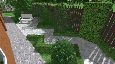 Memleketin peyzaj tasarımının 3 boyutlu görüntüsü. Bölgenin peyzajı. Birleşik peyzaj ve peyzaj çözümlerinin bilgisayar görselleştirmesi.