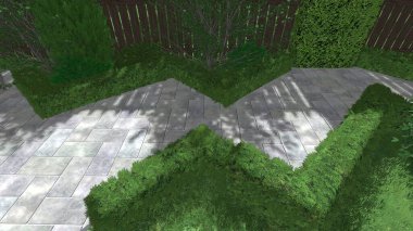 Memleketin peyzaj tasarımının 3 boyutlu görüntüsü. Bölgenin peyzajı. Birleşik peyzaj ve peyzaj çözümlerinin bilgisayar görselleştirmesi.