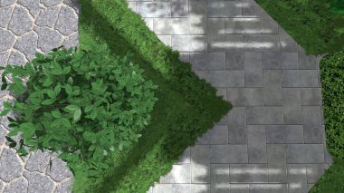 Memleketin peyzaj tasarımının 3 boyutlu görüntüsü. Bölgenin peyzajı. Birleşik peyzaj ve peyzaj çözümlerinin bilgisayar görselleştirmesi.