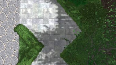 Memleketin peyzaj tasarımının 3 boyutlu görüntüsü. Bölgenin peyzajı. Birleşik peyzaj ve peyzaj çözümlerinin bilgisayar görselleştirmesi.