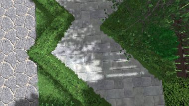 Memleketin peyzaj tasarımının 3 boyutlu görüntüsü. Bölgenin peyzajı. Birleşik peyzaj ve peyzaj çözümlerinin bilgisayar görselleştirmesi.