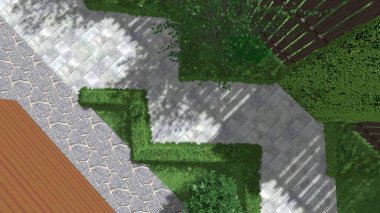 Memleketin peyzaj tasarımının 3 boyutlu görüntüsü. Bölgenin peyzajı. Birleşik peyzaj ve peyzaj çözümlerinin bilgisayar görselleştirmesi.