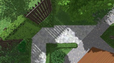 Memleketin peyzaj tasarımının 3 boyutlu görüntüsü. Bölgenin peyzajı. Birleşik peyzaj ve peyzaj çözümlerinin bilgisayar görselleştirmesi.