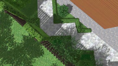 Memleketin peyzaj tasarımının 3 boyutlu görüntüsü. Bölgenin peyzajı. Birleşik peyzaj ve peyzaj çözümlerinin bilgisayar görselleştirmesi.