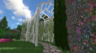 Memleketin peyzaj tasarımının 3 boyutlu görüntüsü. Bölgenin peyzajı. Birleşik peyzaj ve peyzaj çözümlerinin bilgisayar görselleştirmesi.