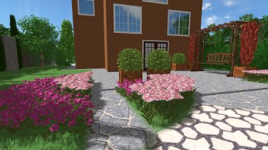 Memleketin peyzaj tasarımının 3 boyutlu görüntüsü. Bölgenin peyzajı. Birleşik peyzaj ve peyzaj çözümlerinin bilgisayar görselleştirmesi.