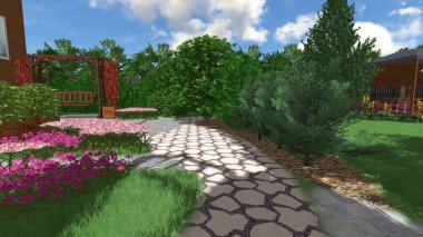 Memleketin peyzaj tasarımının 3 boyutlu görüntüsü. Bölgenin peyzajı. Birleşik peyzaj ve peyzaj çözümlerinin bilgisayar görselleştirmesi.