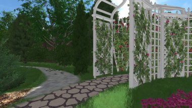 Memleketin peyzaj tasarımının 3 boyutlu görüntüsü. Bölgenin peyzajı. Birleşik peyzaj ve peyzaj çözümlerinin bilgisayar görselleştirmesi.