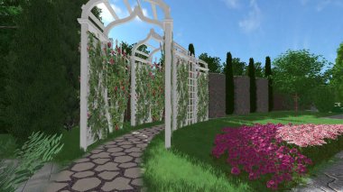 Memleketin peyzaj tasarımının 3 boyutlu görüntüsü. Bölgenin peyzajı. Birleşik peyzaj ve peyzaj çözümlerinin bilgisayar görselleştirmesi.