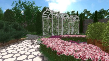 Memleketin peyzaj tasarımının 3 boyutlu görüntüsü. Bölgenin peyzajı. Birleşik peyzaj ve peyzaj çözümlerinin bilgisayar görselleştirmesi.