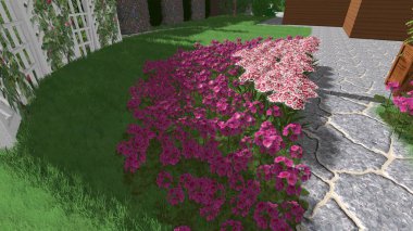 Memleketin peyzaj tasarımının 3 boyutlu görüntüsü. Bölgenin peyzajı. Birleşik peyzaj ve peyzaj çözümlerinin bilgisayar görselleştirmesi.