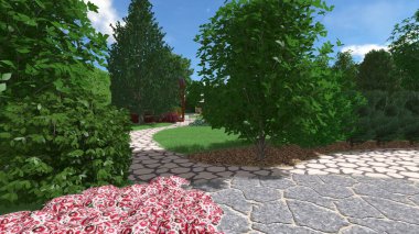 Memleketin peyzaj tasarımının 3 boyutlu görüntüsü. Bölgenin peyzajı. Birleşik peyzaj ve peyzaj çözümlerinin bilgisayar görselleştirmesi.