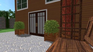 Memleketin peyzaj tasarımının 3 boyutlu görüntüsü. Bölgenin peyzajı. Birleşik peyzaj ve peyzaj çözümlerinin bilgisayar görselleştirmesi.