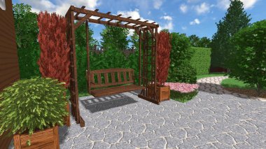 Memleketin peyzaj tasarımının 3 boyutlu görüntüsü. Bölgenin peyzajı. Birleşik peyzaj ve peyzaj çözümlerinin bilgisayar görselleştirmesi.