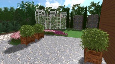 Memleketin peyzaj tasarımının 3 boyutlu görüntüsü. Bölgenin peyzajı. Birleşik peyzaj ve peyzaj çözümlerinin bilgisayar görselleştirmesi.