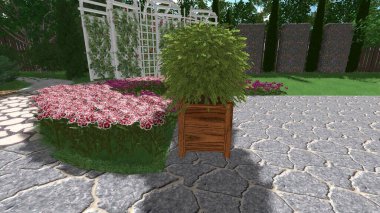 Memleketin peyzaj tasarımının 3 boyutlu görüntüsü. Bölgenin peyzajı. Birleşik peyzaj ve peyzaj çözümlerinin bilgisayar görselleştirmesi.