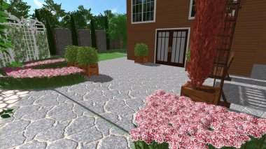 Memleketin peyzaj tasarımının 3 boyutlu görüntüsü. Bölgenin peyzajı. Birleşik peyzaj ve peyzaj çözümlerinin bilgisayar görselleştirmesi.