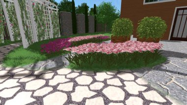 Memleketin peyzaj tasarımının 3 boyutlu görüntüsü. Bölgenin peyzajı. Birleşik peyzaj ve peyzaj çözümlerinin bilgisayar görselleştirmesi.