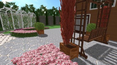 Memleketin peyzaj tasarımının 3 boyutlu görüntüsü. Bölgenin peyzajı. Birleşik peyzaj ve peyzaj çözümlerinin bilgisayar görselleştirmesi.