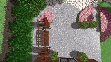 Memleketin peyzaj tasarımının 3 boyutlu görüntüsü. Bölgenin peyzajı. Birleşik peyzaj ve peyzaj çözümlerinin bilgisayar görselleştirmesi.