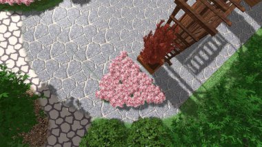 Memleketin peyzaj tasarımının 3 boyutlu görüntüsü. Bölgenin peyzajı. Birleşik peyzaj ve peyzaj çözümlerinin bilgisayar görselleştirmesi.