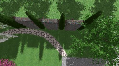 Memleketin peyzaj tasarımının 3 boyutlu görüntüsü. Bölgenin peyzajı. Birleşik peyzaj ve peyzaj çözümlerinin bilgisayar görselleştirmesi.