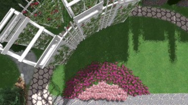 Memleketin peyzaj tasarımının 3 boyutlu görüntüsü. Bölgenin peyzajı. Birleşik peyzaj ve peyzaj çözümlerinin bilgisayar görselleştirmesi.